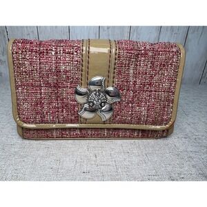Brighton Tweed & Patent Leather Clutch Pink/Gold Silver Flower Brooch – No Strap